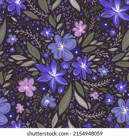 Feminine flowers in bloom, blossom of flora, floral composition with leaves and foliage. Ornaments decoration for card. Seamless pattern or background, print or wallpaper. Vector in flat style