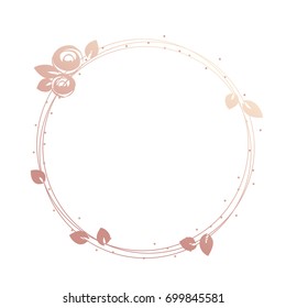 Feminine frame, wreath, gold roses and leaves, round shape. Logo template, wedding cards decoration.