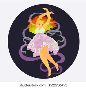 feminine girl dancing in space ribbons and stars fly