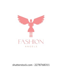 feminine girl female dress wings angel beautiful logo design vector