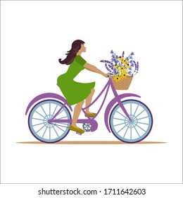 Feminine girl in green dress riding a bicycle with wildflowers in front basket -on a white isolated background. Template for decoration postcard, invitation, flower shop showcase. Vector illustration