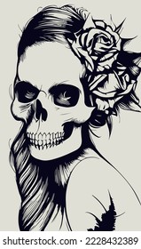 tatuajes femeninos de cráneo femenino dibujados a mano vectorial imagen de clip en blanco y negro
