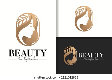 Feminine gold woman with leaf natural hair logo template