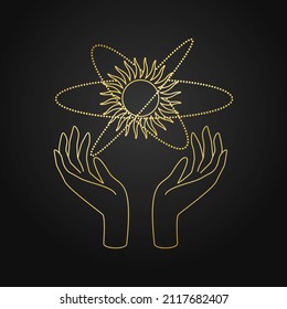 Feminine golden hands with stars as symbol of beauty, care, magic, meditation, charity, faith, hope. Linear logo vector illustration for handmade, tatoo, massage, visage .