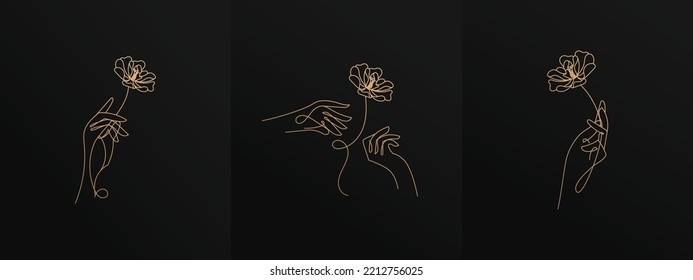 Feminine hand holding flowers gold line art vector