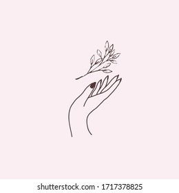 Feminine hand logo collection with floral herb. flat esoteric