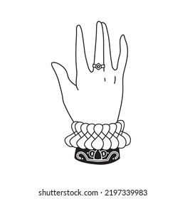 Feminine hand with ring and antique lace cuff vector illustration. Modern minimalist line art. Elegant beauty graphic for logo, decor, design, branding.