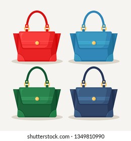 Feminine handbag for shopping, travel, vacation. Leather bag with handle isolated on white background. Beautiful casual collection of summer woman accessory. Vector flat design