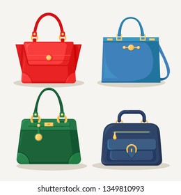 Feminine handbag for shopping, travel, vacation. Leather bag with handle isolated on white background. Beautiful casual collection of summer woman accessory. Vector flat design