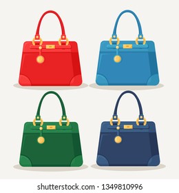 Feminine handbag for shopping, travel, vacation. Leather bag with handle isolated on white background. Beautiful casual collection of summer woman accessory. Vector flat design