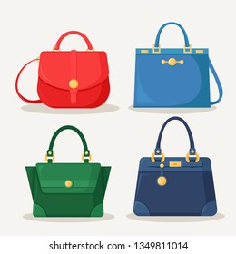 Feminine handbag for shopping, travel, vacation. Leather bag with handle isolated on white background. Beautiful casual collection of summer woman accessory. Vector flat design