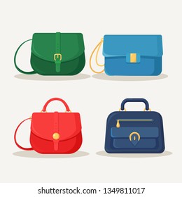 Feminine handbag for shopping, travel, vacation. Leather bag with handle isolated on white background. Beautiful casual collection of summer woman accessory. Vector flat design
