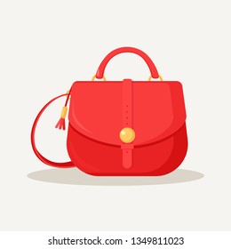 Feminine handbag for shopping, travel, vacation. Leather bag with handle isolated on white background. Beautiful casual collection of summer woman accessory. Vector flat design