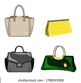 Feminine handbag for shopping, travel, vacation. Trendy leather accessories of different types isolated on white background.