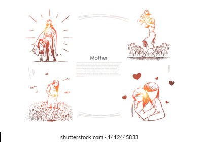 Feminine happiness, super mom with daughter, parent playing with kid outdoor, hugging, pregnancy, maternity banner