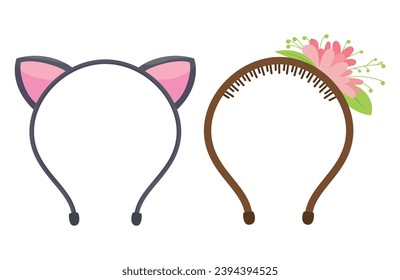 Las bandas femeninas bezel orejas del gato y flores de flores de flores de flores con hojas set de ilustración plana vectorial. Accesorio para cabello de cabeza infantil y femenino para trajes de gatito de corte de pelo y diseño decorativo floral de primavera