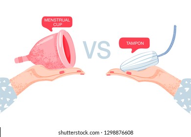 Feminine hygiene composition. Сhoice between tampons and menstrual cup. Tampon and cup in hands.  Protection for woman in critical days. Vector illustration on white background.