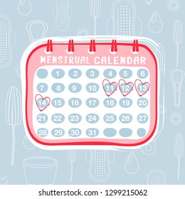 Feminine hygiene composition with menstrual calendar and outline background. Menstruation concept. Vector illustration.