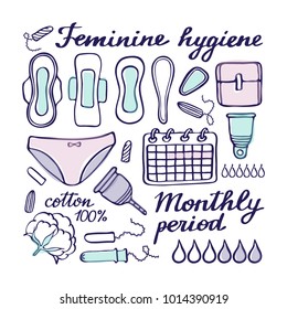 Feminine hygiene doodle vector set. Hand-drawn cartoon collection - sanitary napkin, tampon, menstrual cup, panties, monthly calendar. Doodle drawing. Vector illustration