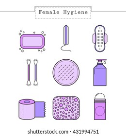 Feminine hygiene. Flat colored objects, icons. Cotton buds, sponge, soap.