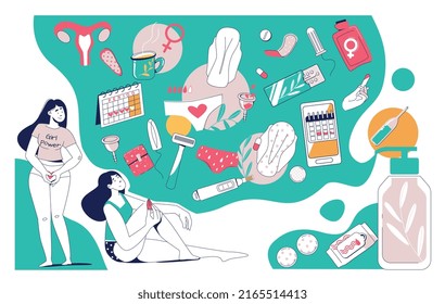 Higiene femenina composición plana sin forma de boceto cuerpos femeninos durante el período y productos sanitarios suministros personales ilustración vectorial