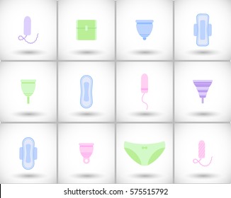 Feminine hygiene icons set. Flat design of sanitary pads, tampons, menstrual cups and panties with round shadow. Vector illustration