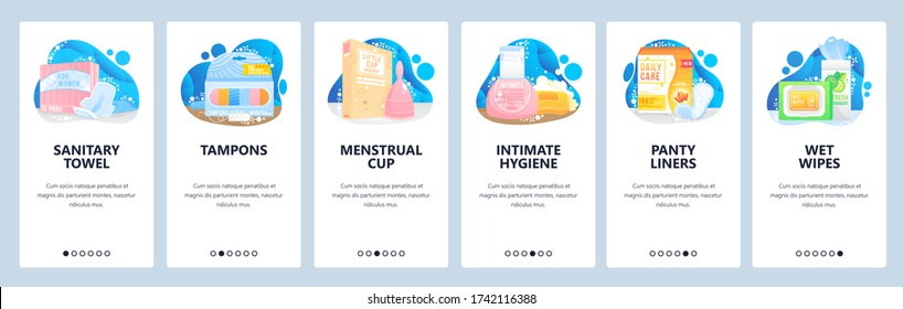 Iconos de higiene femenina. servilleta Sanitaria, tampón, taza menstrual, toallita húmeda, crema. Pantallas de aplicaciones móviles. Plantilla de banner vectorial para el desarrollo de sitios web y móviles. ilustración de diseño de sitio Web.