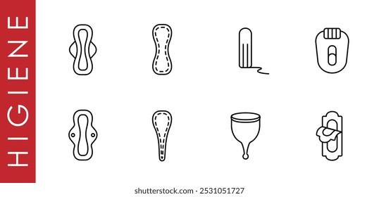 Ikonen für weibliche Hygienepads. Körperpflege lineare Icons für Frauen. Verschiedene Arten von Pads, Tampons. Konzept der Menstruation, kritische Tage. Vektorgrafik einzeln