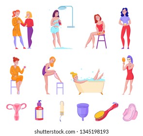 Feminine hygiene personal care products tips flat icons collection with shower fresh towels soap tampons vector illustration