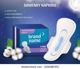 Feminine hygiene poster with sanitary napkin pack and cotton flower on background realistic vector illustration