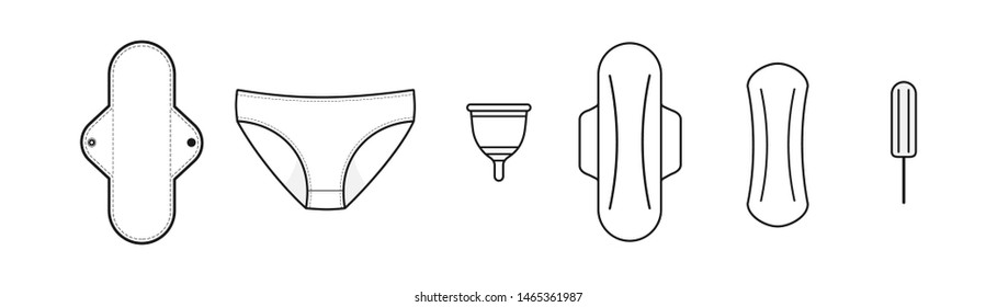 Feminine Hygiene Products. Classic Products: Sanitary Pads And Tampon. Sustainable Products: Cloth Menstrual Pad, Period Panties And Menstrual Cup. Black Line. Vector Illustration, Flat Design