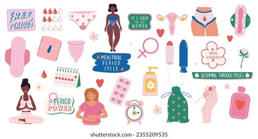 Feminine hygiene products collection hand drawn style and lettering. Menstruation period woman. Female characters  and calendar