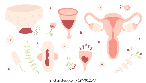 Feminine Hygiene Products, Panties, Pad, Cups, Tampon And Uterus. Period. Menstrual Protection, Feminine Hygiene. Isolated Vector Illustrations.