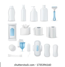 Feminine hygiene products. Realistic woman pads and tampons. Critical days. Shower gel, oil, menstrual cup, antibacterial spray, napkins, machine for shaving, cotton pads buds, toilet paper vector