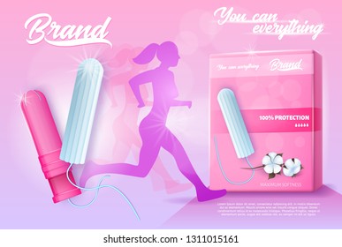 Feminine Hygiene Products. Running Woman Silhouette. Pink Banner Ad. Pack of Tampons. Cotton Sanitary Tampons with Applicators. Comfort and Protection Concept. Sports and Menstruation. Vector EPS 10.