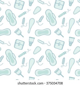 Feminine hygiene products sketch. Seamless pattern with hand-drawn cartoon icons - pads, tampons, menstrual cups. Doodle drawing. Vector illustration - swatch inside