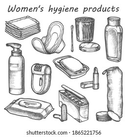 Feminine hygiene products sketch or womens bathroom items, woman sanitary collection. Cotton bud, menstrual pad, tampon, sanitary napkin, earpick, soap, electric shaver, liptitick, lotion, shampoo