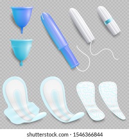 Feminine Hygiene Products, Vector Illustration Isolated On Transparent Background. Menstrual Cup, Tampons, Pads Or Sanitary Napkins.