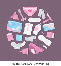 Feminine Hygiene Round Composition with Intimate Sanitary Objects Vector Template