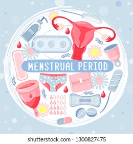 Higiene femenina en forma de círculo con taza menstrual, útero, tampón, jabón, toallita, toallita, toallita sanitaria, sangre, manzanilla y píldoras. Concepto de menstruación. Ilustración vectorial.