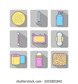 Feminine hygiene. Set of flat objects or illustrations.