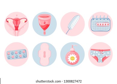 Higiene femenina con taza menstrual, útero, tampón, calendario menstrual, jabón, toallita, toallita, toallita sanitaria y pastillas. Concepto de menstruación. Ilustración vectorial sobre fondo blanco.