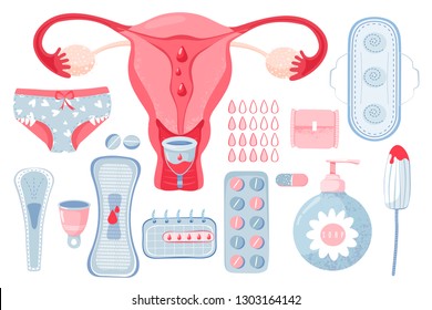 Feminine hygiene set with menstrual cup, tampon, uterus, soap, panties, monthly calendar, sanitary napkin and pills. Menstruation concept. Vector illustration on white background.