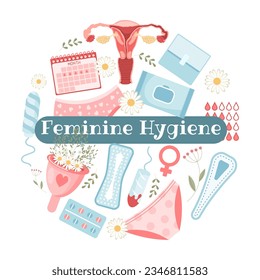 Feminine hygiene set. Menstrual period concept. Menstrual cup, tampons, uterus, soap, panties, monthly calendar, sanitary napkin and pills. Vector