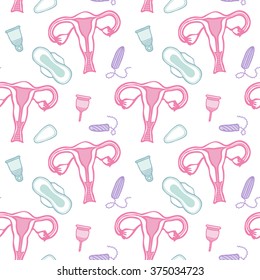 Feminine hygiene sketch. Seamless pattern with hand-drawn cartoon icons - pad, tampon, menstruation cup and womb or uterus. Doodle drawing. Vector illustration - swatch inside