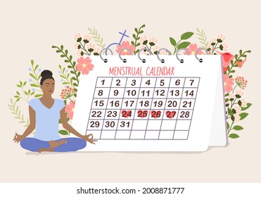 Feminine hygiene. Woman meditating  on Menstrual period calendar in the  background