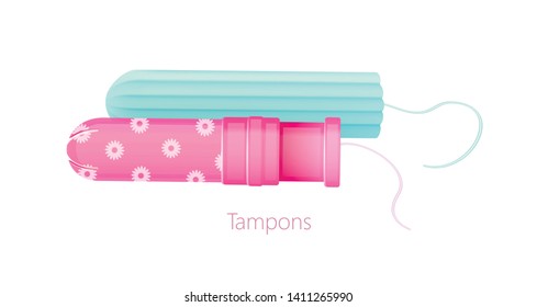 Feminine Hygienic Tampon With Pink Applicator Isolated On Empty Copy Space. Advertisement Mockup For Menstruation Blood Absorbent. Realistic Female Hygiene Natural Product. Vector 3d Illustration