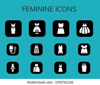 feminine icon set. 12 filled feminine icons.  Simple modern icons such as: Dress, Tampon, Venus, Skirt