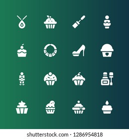 feminine icon set. Collection of 16 filled feminine icons included Cupcake, Nail polish, Venus, Heels, Necklace, Mascara