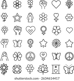 feminine icons in line style set. beauty, elegance, woman, style. vector illustration